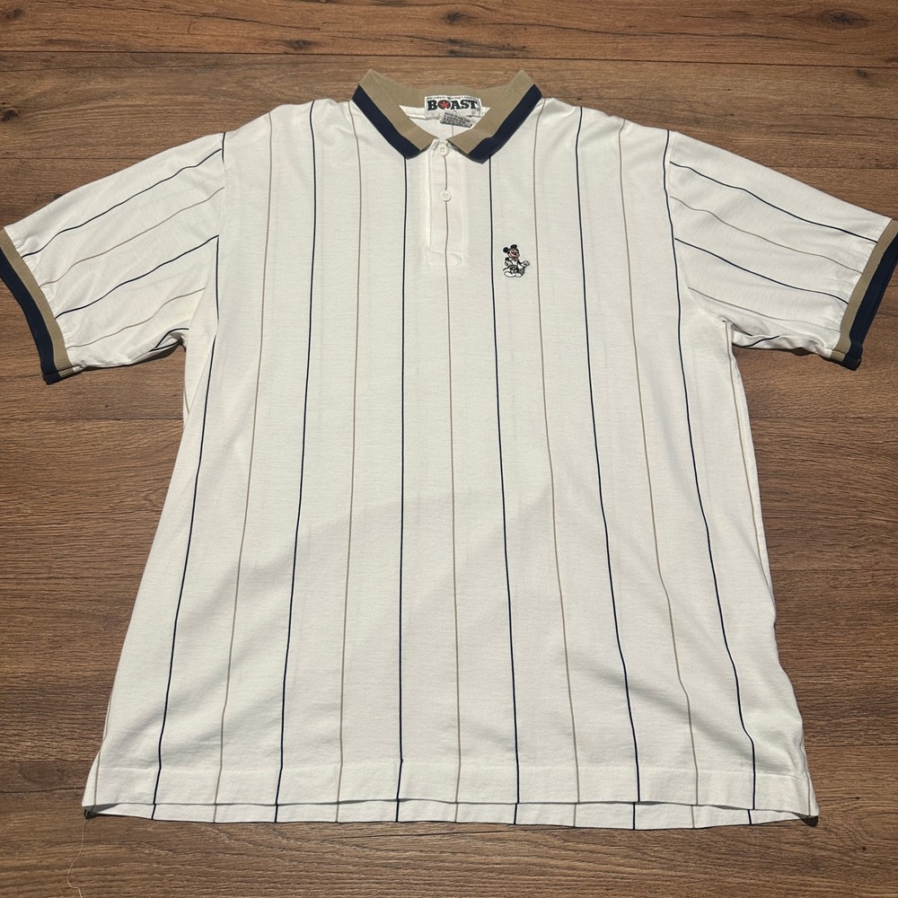 Vintage Boast White Pinstripe Mickey Mouse Polo Shirt Mens XL - Picture 2 of 6